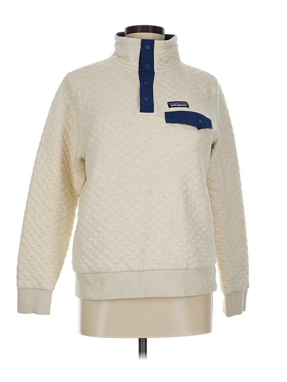 Patagonia Cream Quilted Snap-Front Pullover with Navy Trim